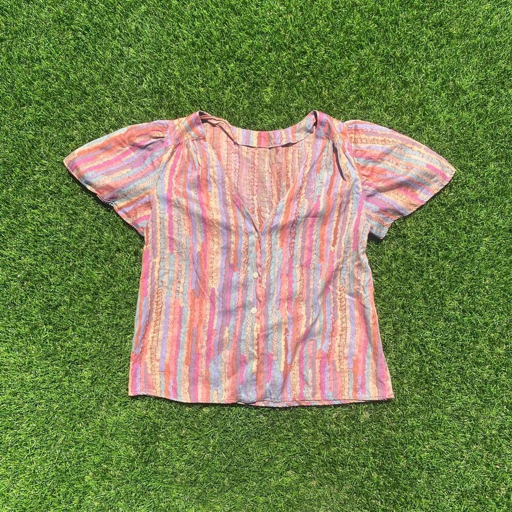 70s Vintage Handmade Cotton Striped Flutter Sleeve Button Down Shirt XS S M